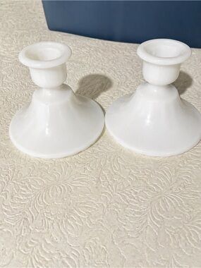 Vintage Milk Glass Candlestick Holders Set of 2 Scalloped Edge White Farmhouse